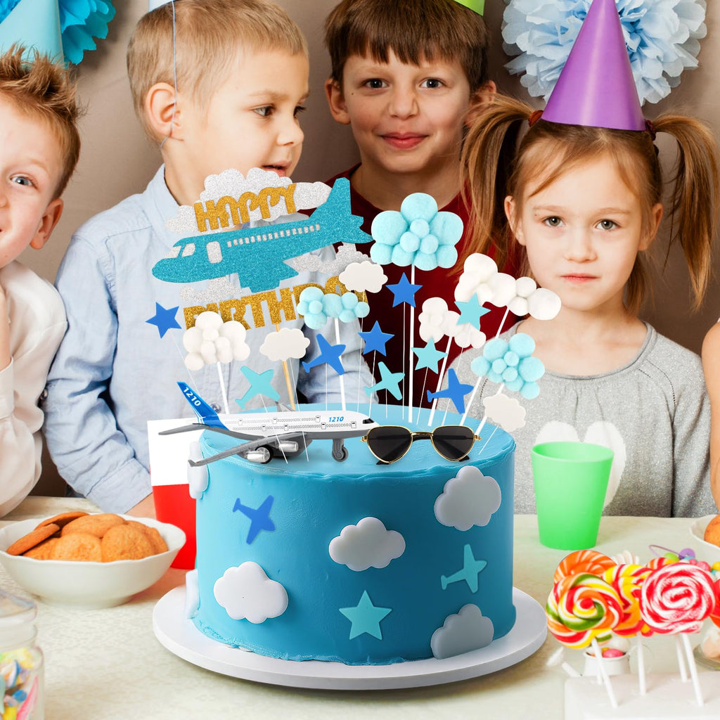 Hooqict 25 Pieces Airplane Cake Toppers with Mini Sunglasses - Blue & White Cloud Birthday Decor