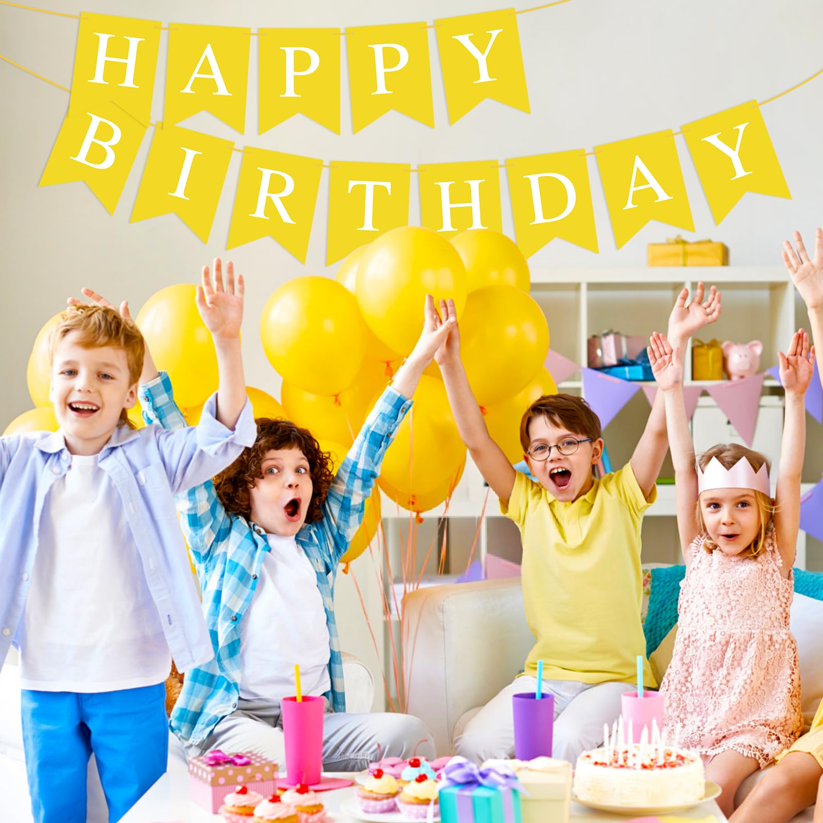 Hooqict Yellow Happy Birthday Banner Backdrop – Birthday Party Garland Flags for Wall, Yard & Photo Backdrops