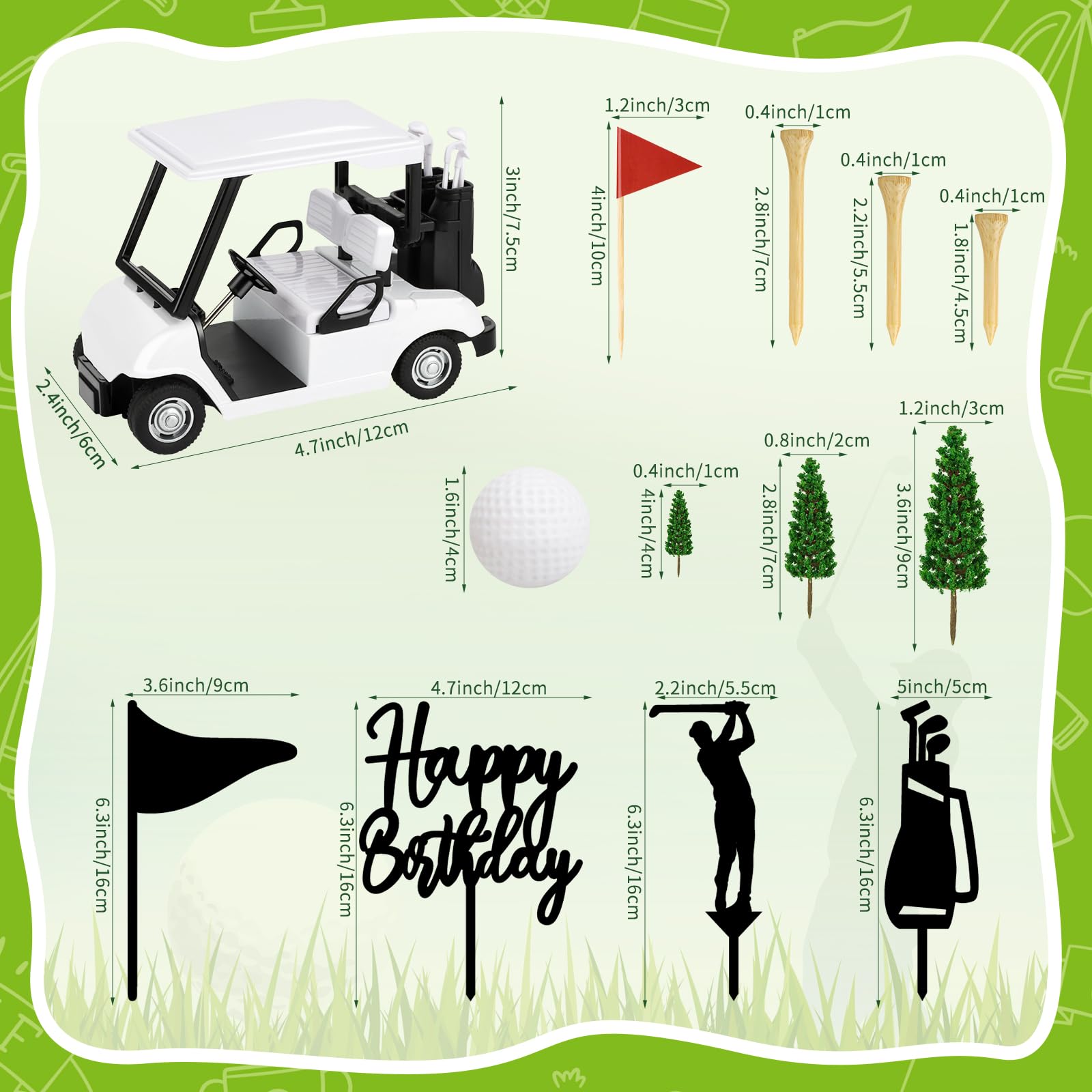 Hooqict 21-Piece Golf Cake Topper Set – Cart, Balls, Flags, Tees, Trees