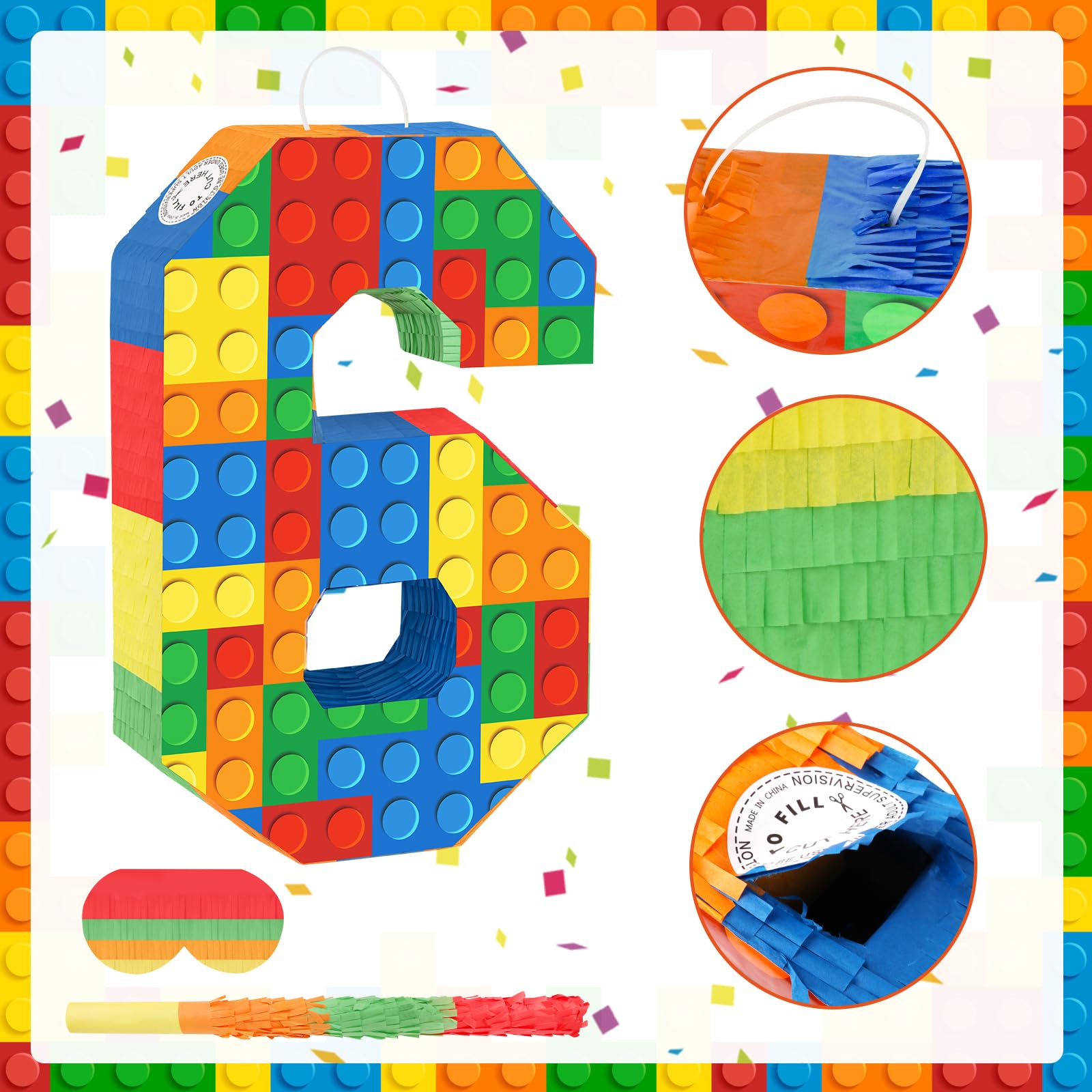 Hooqict Building Blocks 6th Birthday Pinata – Includes Stick & Blindfold | Block Party Supplies