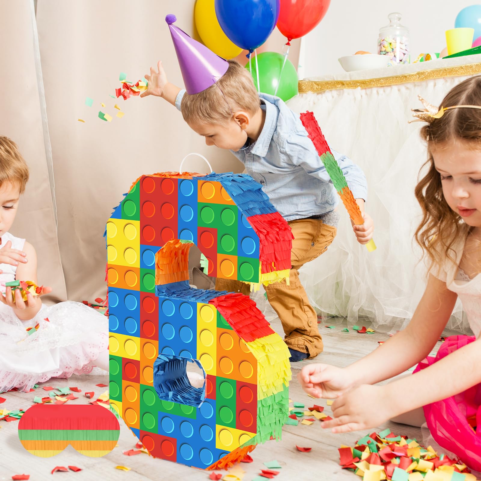 Hooqict Building Blocks 6th Birthday Pinata – Includes Stick & Blindfold | Block Party Supplies