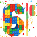 Hooqict Building Blocks 6th Birthday Pinata – Includes Stick & Blindfold | Block Party Supplies