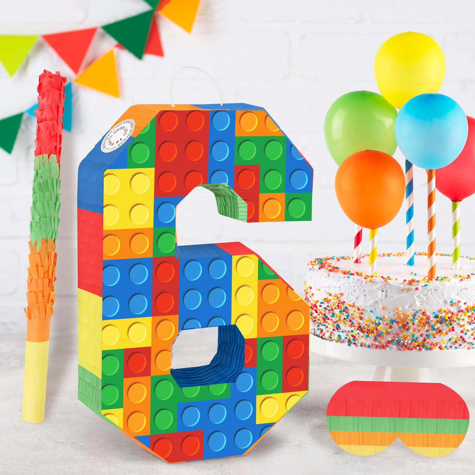 Hooqict Building Blocks 6th Birthday Pinata – Includes Stick & Blindfold | Block Party Supplies