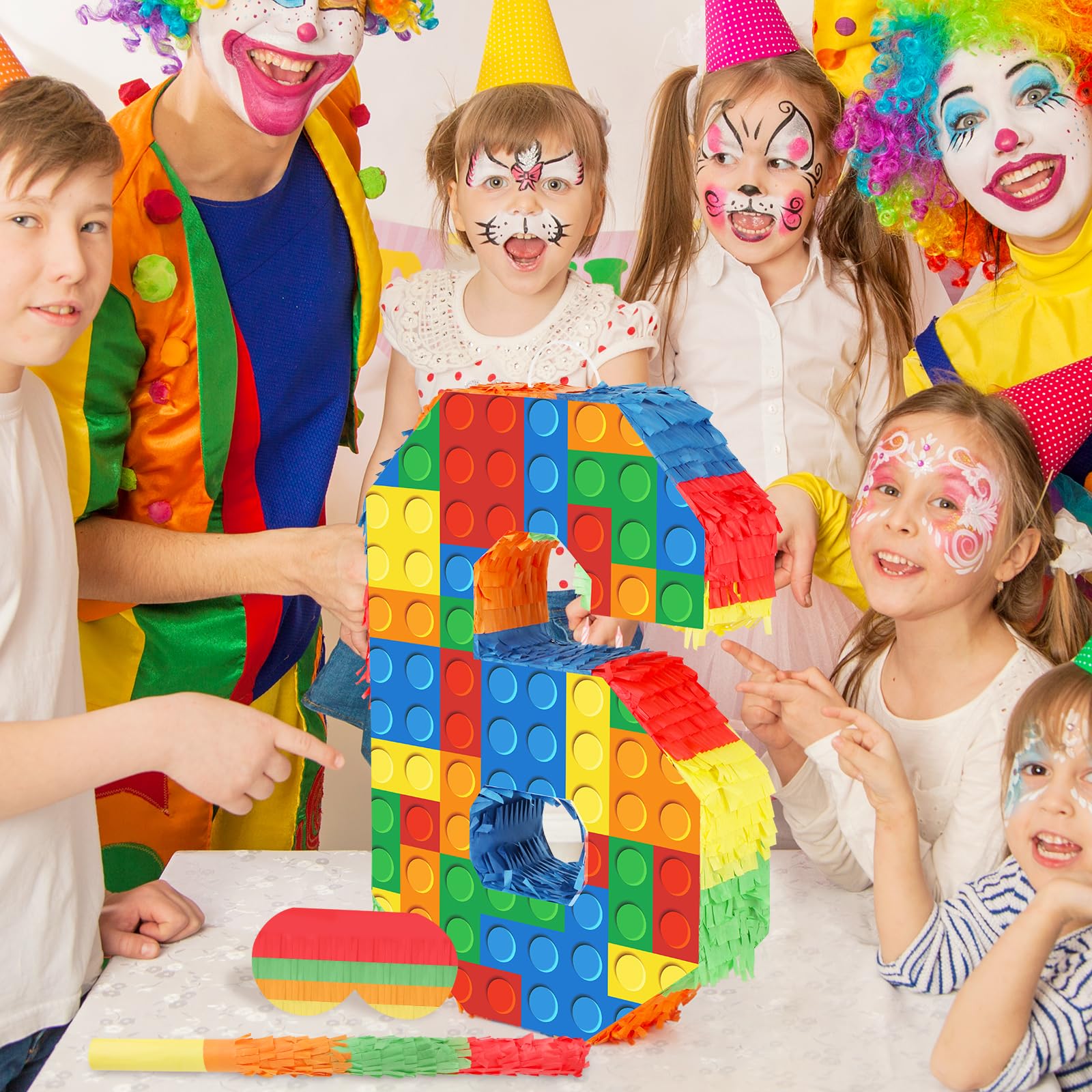 Hooqict Building Blocks 6th Birthday Pinata – Includes Stick & Blindfold | Block Party Supplies