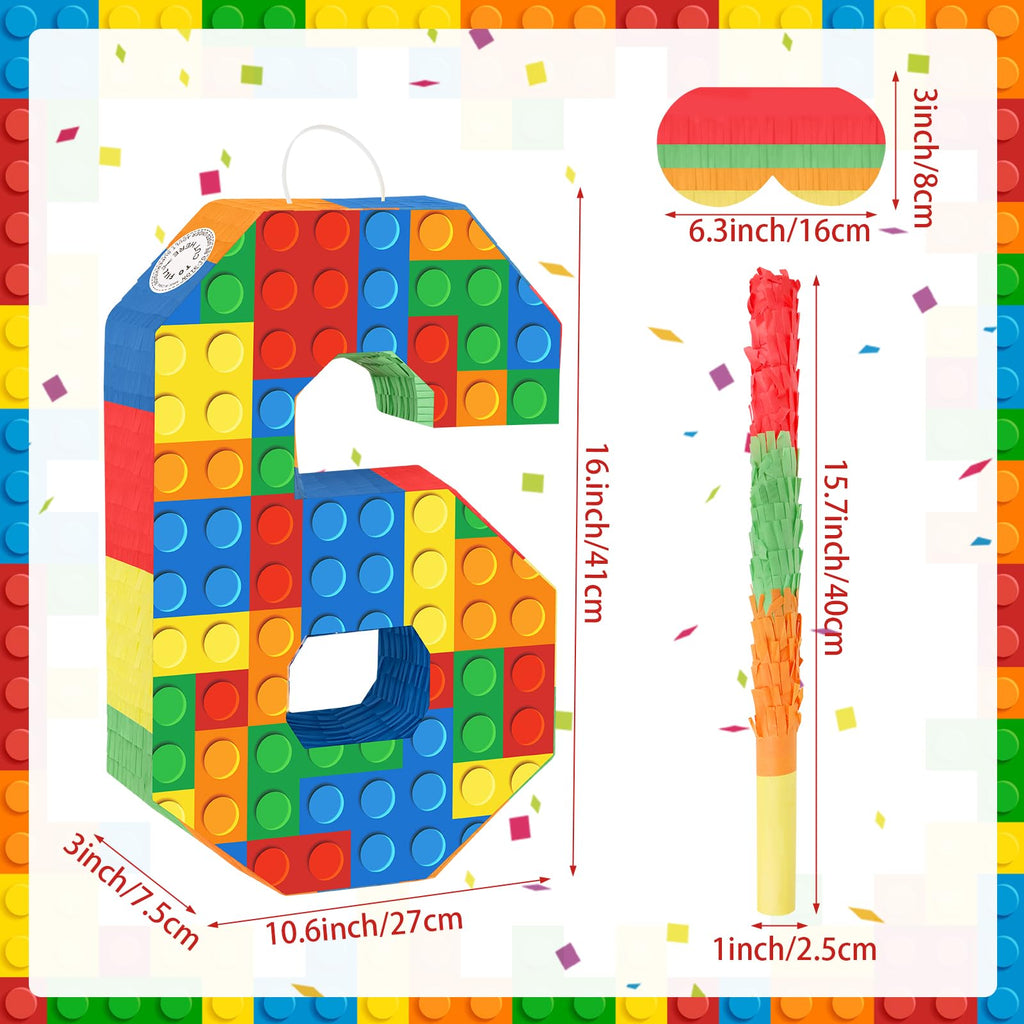 Hooqict Building Blocks 6th Birthday Pinata – Includes Stick & Blindfold | Block Party Supplies
