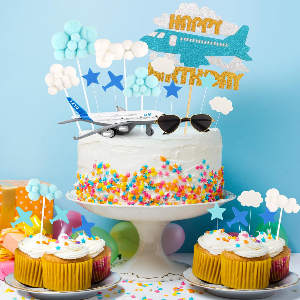 Hooqict 25 Pieces Airplane Cake Toppers with Mini Sunglasses - Blue & White Cloud Birthday Decor