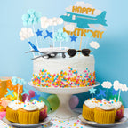 Hooqict 25 Pieces Airplane Cake Toppers with Mini Sunglasses - Blue & White Cloud Birthday Decor