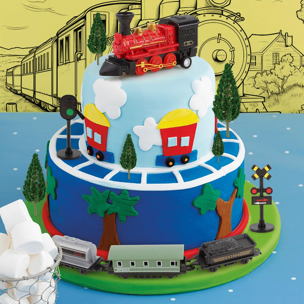 Hooqict 12Pcs Train Cake Topper Set – Birthday Party Decorations with Mini Trains, Trees, Railroad Crossing & Traffic Lights