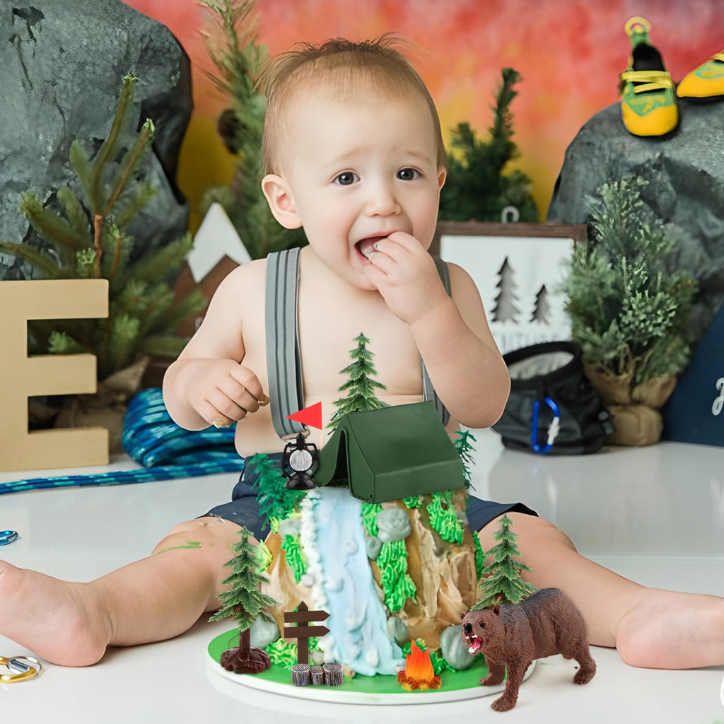 Hooqict Camping Cake Toppers – Tent, Campfire, Trees & Camp Sign