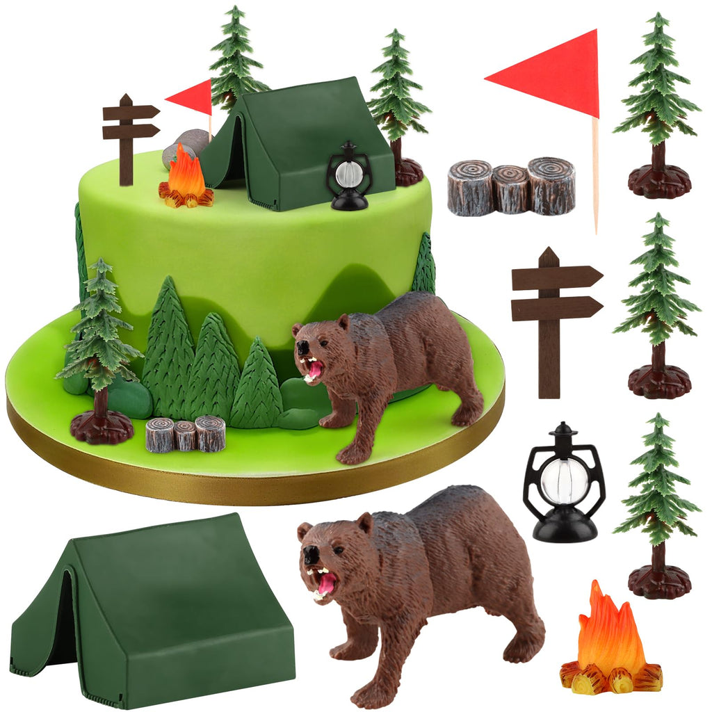 Hooqict Camping Cake Toppers – Tent, Campfire, Trees & Camp Sign
