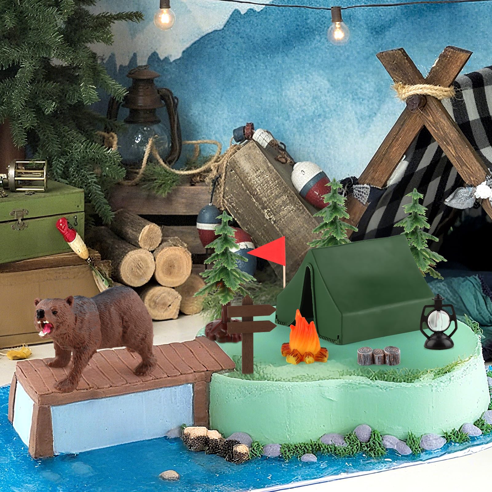 Hooqict Camping Cake Toppers – Tent, Campfire, Trees & Camp Sign