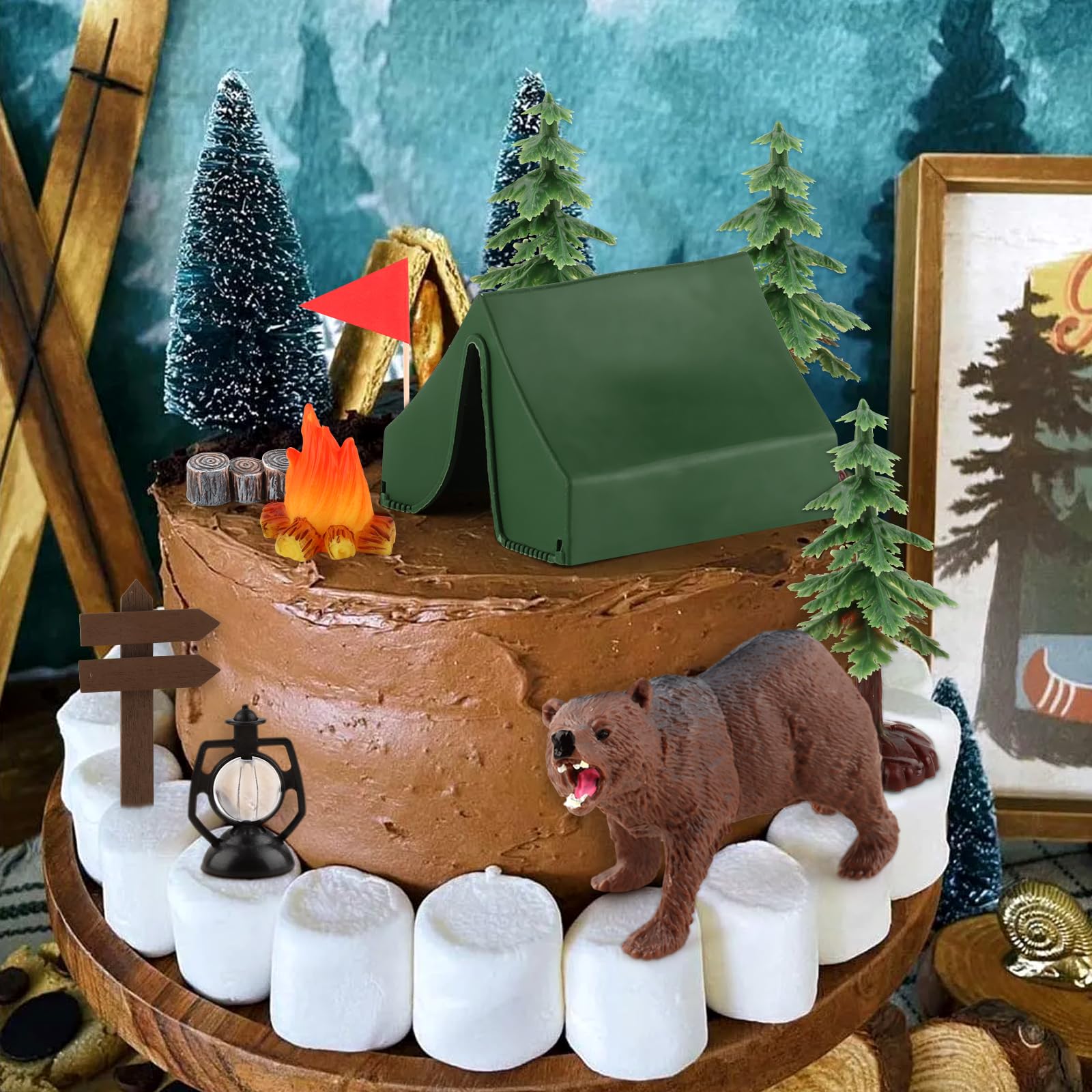 Hooqict Camping Cake Toppers – Tent, Campfire, Trees & Camp Sign