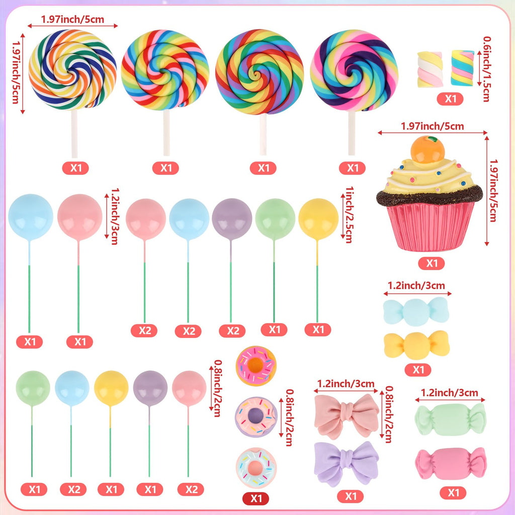 Hooqict 33Pcs Candy Cake Decorations – Lollipops, Donuts & Cupcake Toppers for Kids Parties