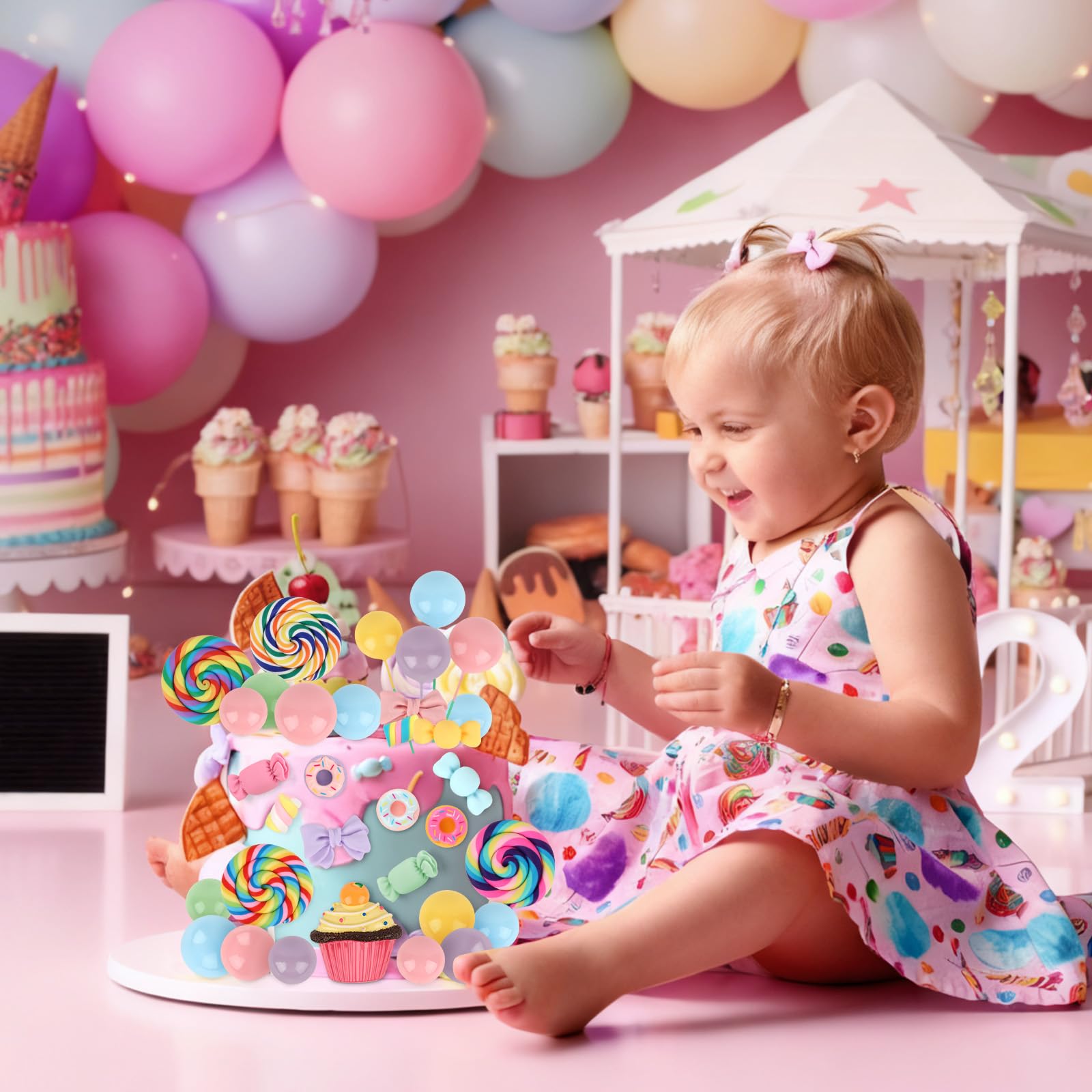 Hooqict 33Pcs Candy Cake Decorations – Lollipops, Donuts & Cupcake Toppers for Kids Parties