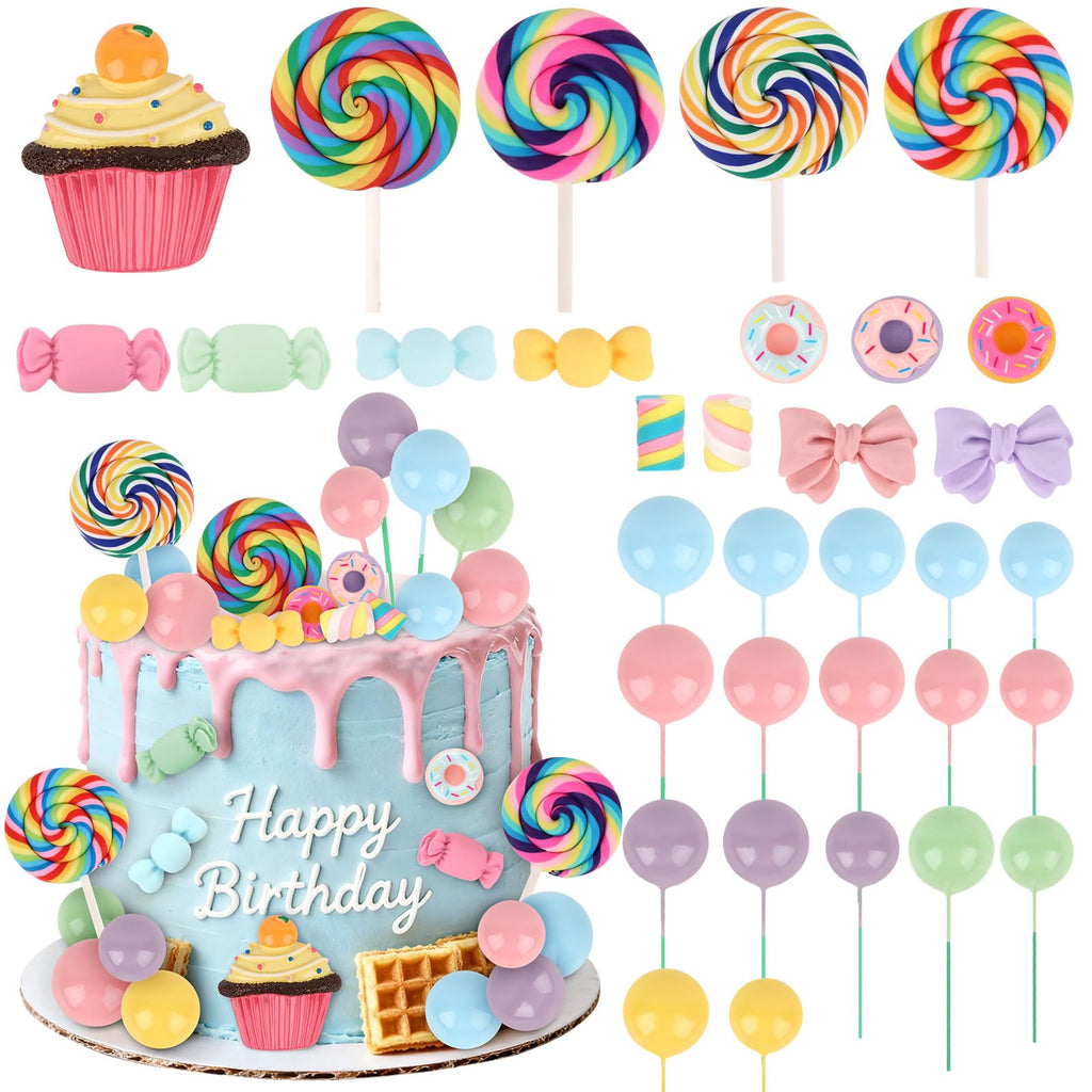 Hooqict 33Pcs Candy Cake Decorations – Lollipops, Donuts & Cupcake Toppers for Kids Parties