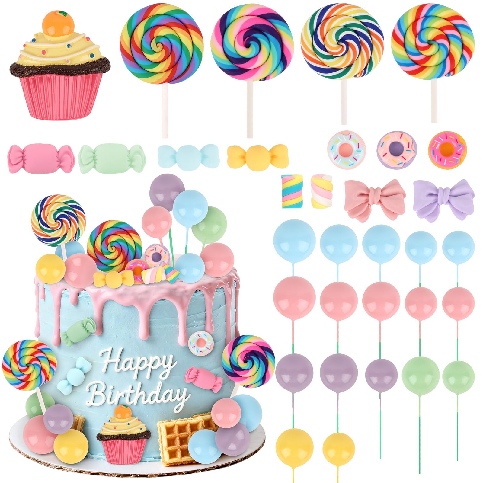 Hooqict 33Pcs Candy Cake Decorations – Lollipops, Donuts & Cupcake Toppers for Kids Parties