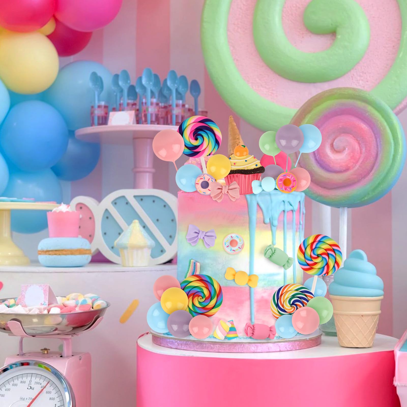 Hooqict 33Pcs Candy Cake Decorations – Lollipops, Donuts & Cupcake Toppers for Kids Parties
