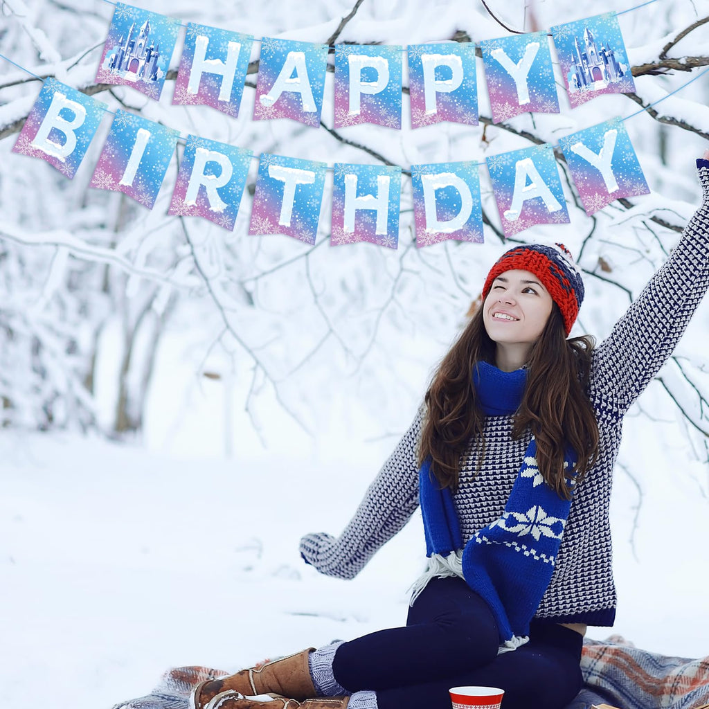 Hooqict Frozen Happy Birthday Banner – Winter Wonderland Party Decor