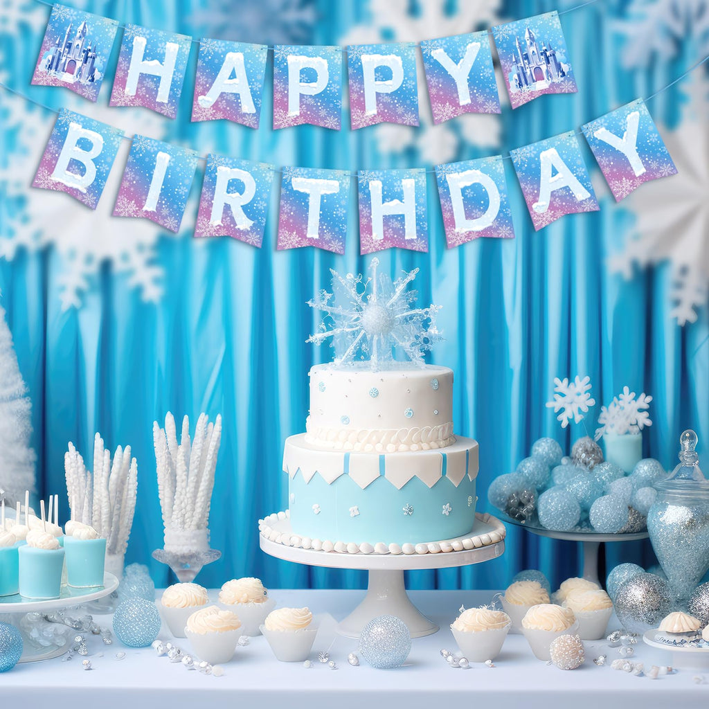 Hooqict Frozen Happy Birthday Banner – Winter Wonderland Party Decor