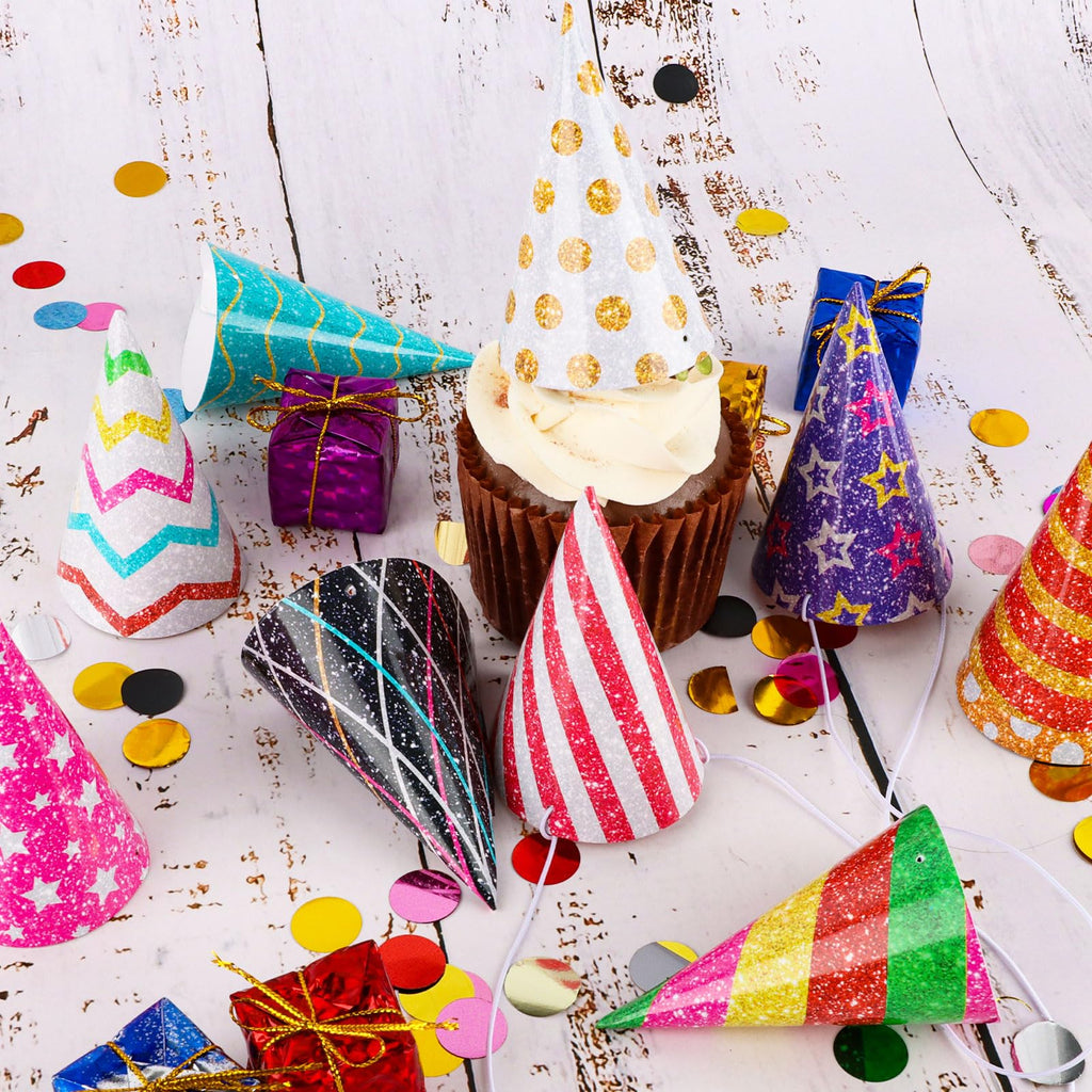 Hooqict 10 Pcs Mini Party Hats for Stuffed Animals & Kids – Glitter Cone Hats, Assorted