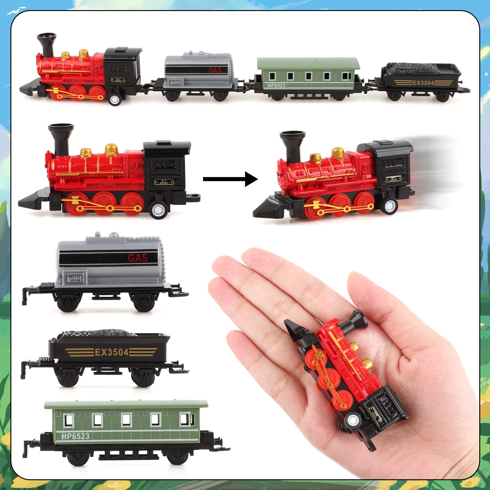Hooqict 12Pcs Train Cake Topper Set – Birthday Party Decorations with Mini Trains, Trees, Railroad Crossing & Traffic Lights