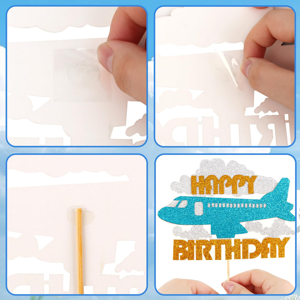 Hooqict 25 Pieces Airplane Cake Toppers with Mini Sunglasses - Blue & White Cloud Birthday Decor