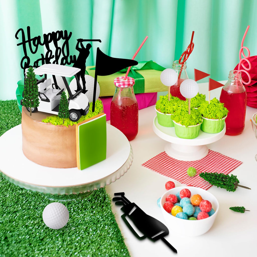 Hooqict 21-Piece Golf Cake Topper Set – Cart, Balls, Flags, Tees, Trees