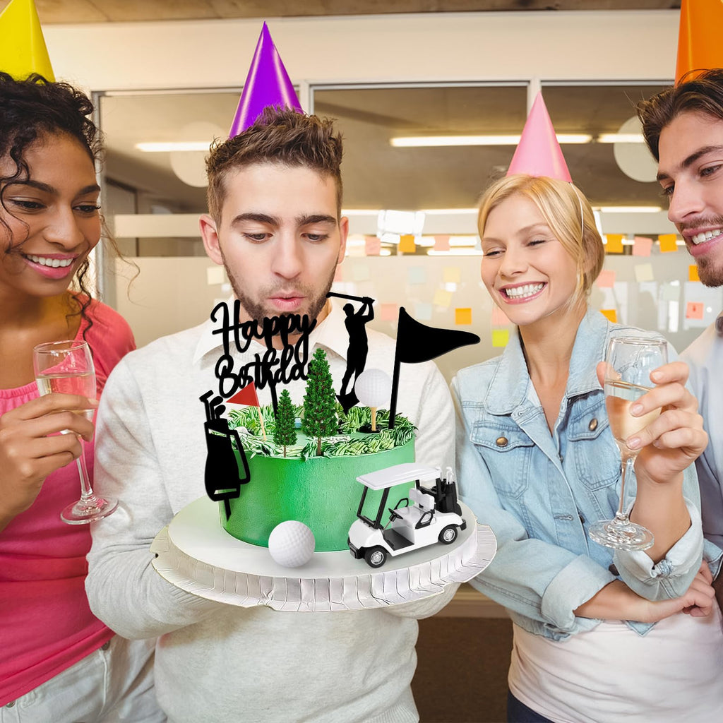 Hooqict 21-Piece Golf Cake Topper Set – Cart, Balls, Flags, Tees, Trees