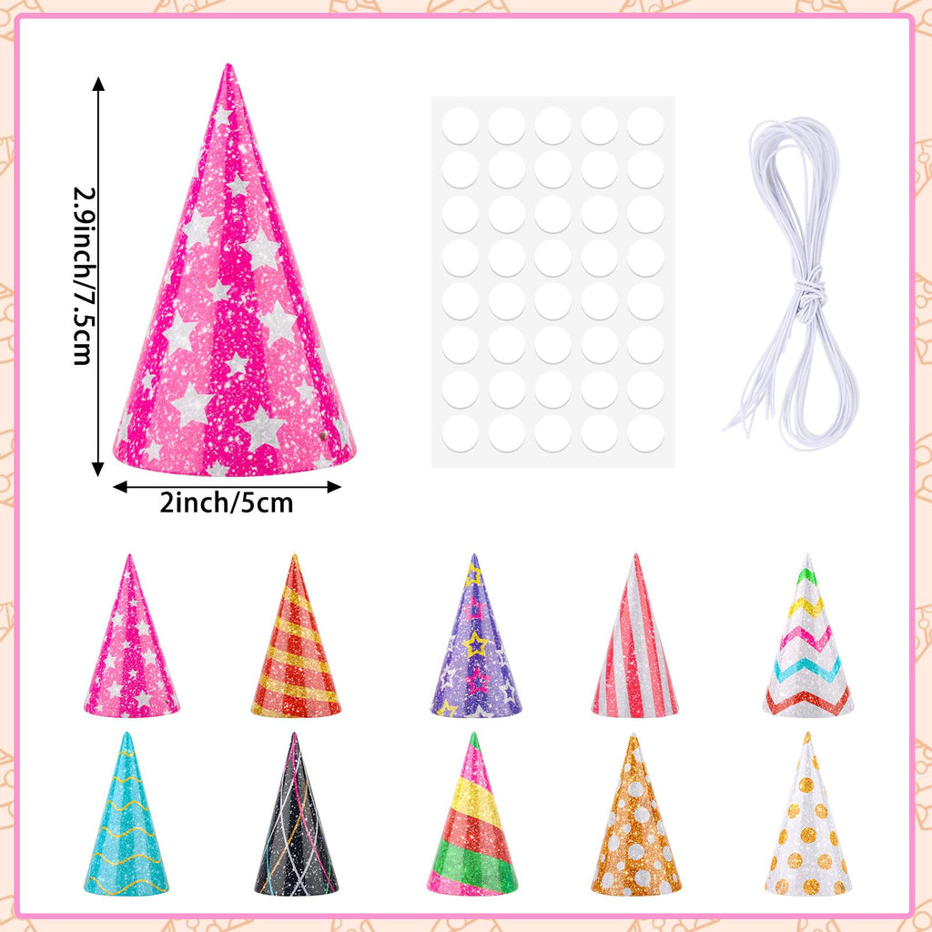 Hooqict 10 Pcs Mini Party Hats for Stuffed Animals & Kids – Glitter Cone Hats, Assorted