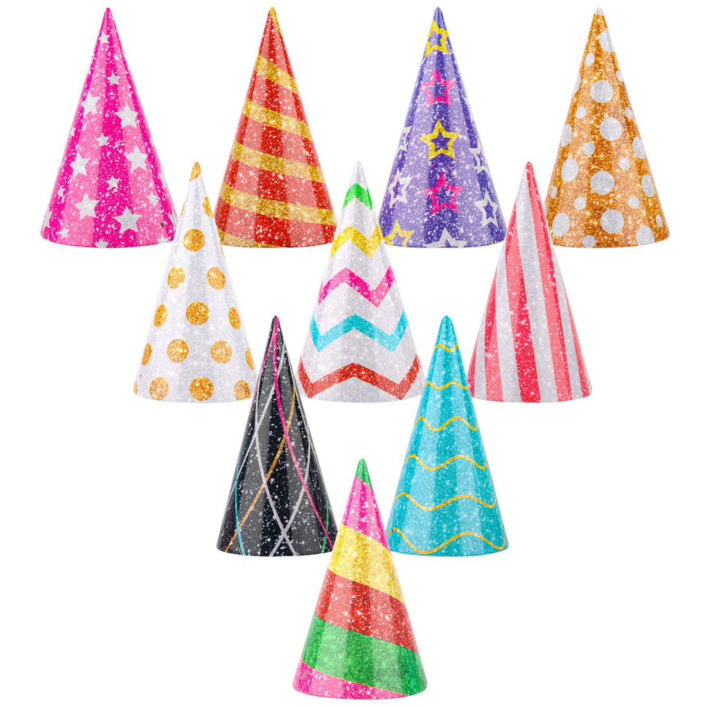 Hooqict 10 Pcs Mini Party Hats for Stuffed Animals & Kids – Glitter Cone Hats, Assorted