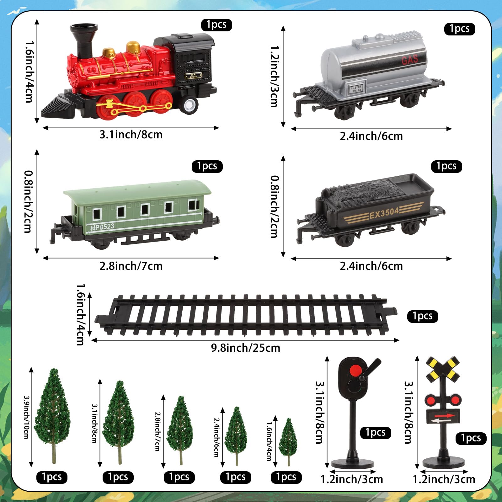 Hooqict 12Pcs Train Cake Topper Set – Birthday Party Decorations with Mini Trains, Trees, Railroad Crossing & Traffic Lights