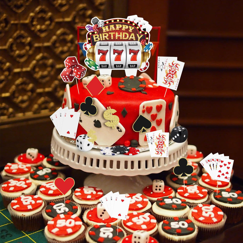 Hooqict 24-Piece Casino Cake Decorations Set | Las Vegas Theme Cake Toppers & Cupcake Picks