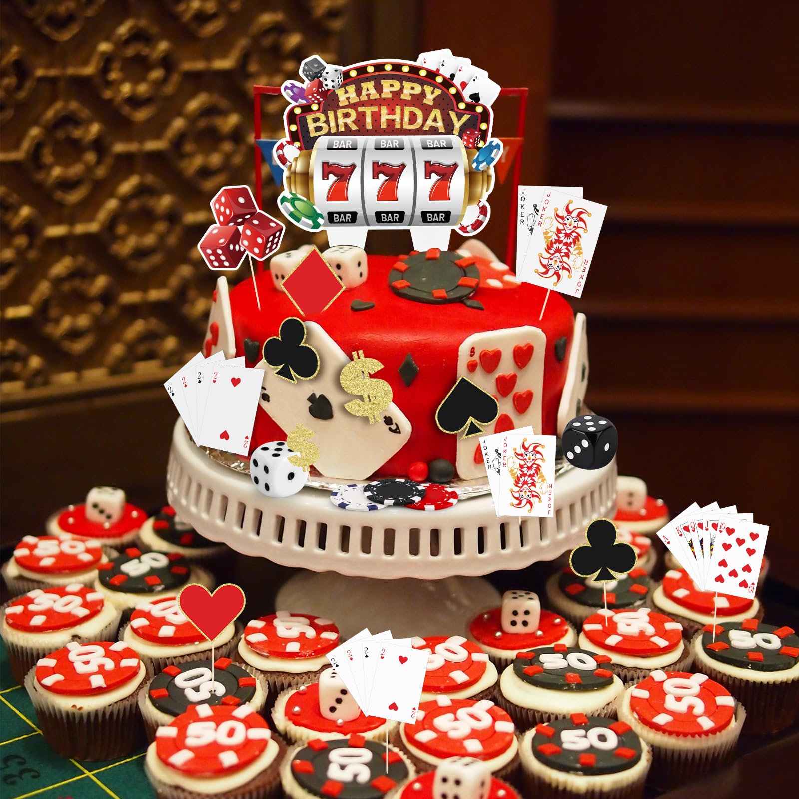 Hooqict 24-Piece Casino Cake Decorations Set | Las Vegas Theme Cake Toppers & Cupcake Picks