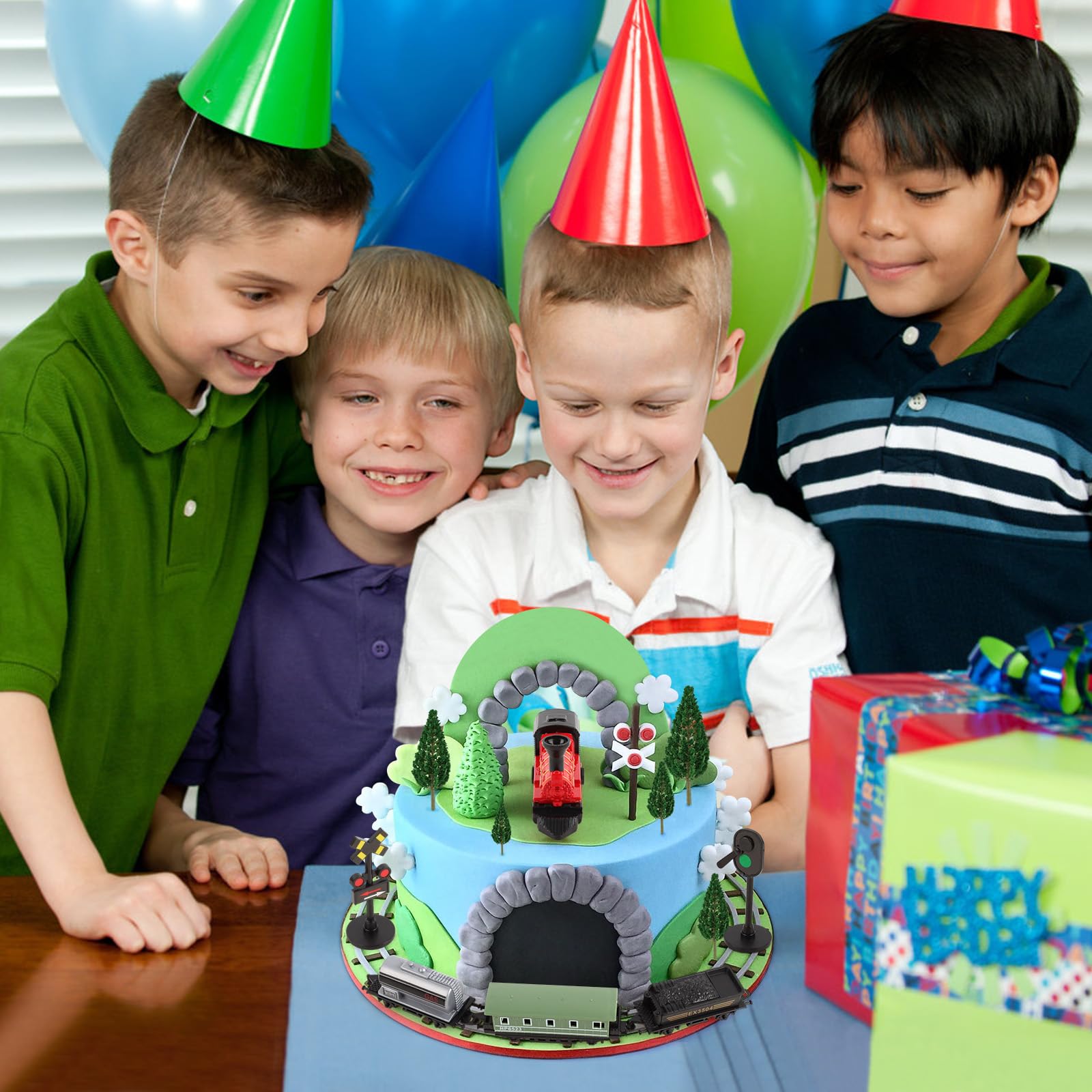 Hooqict 12Pcs Train Cake Topper Set – Birthday Party Decorations with Mini Trains, Trees, Railroad Crossing & Traffic Lights