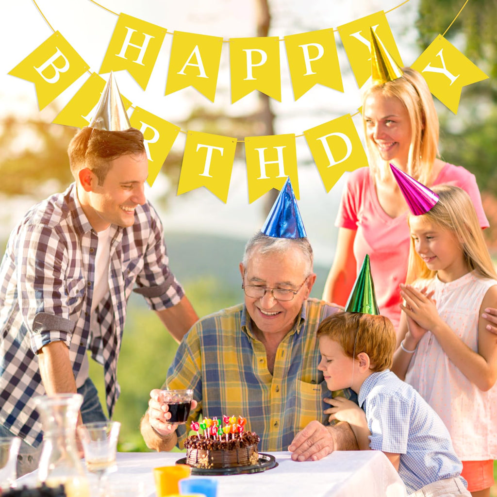 Hooqict Yellow Happy Birthday Banner Backdrop – Birthday Party Garland Flags for Wall, Yard & Photo Backdrops