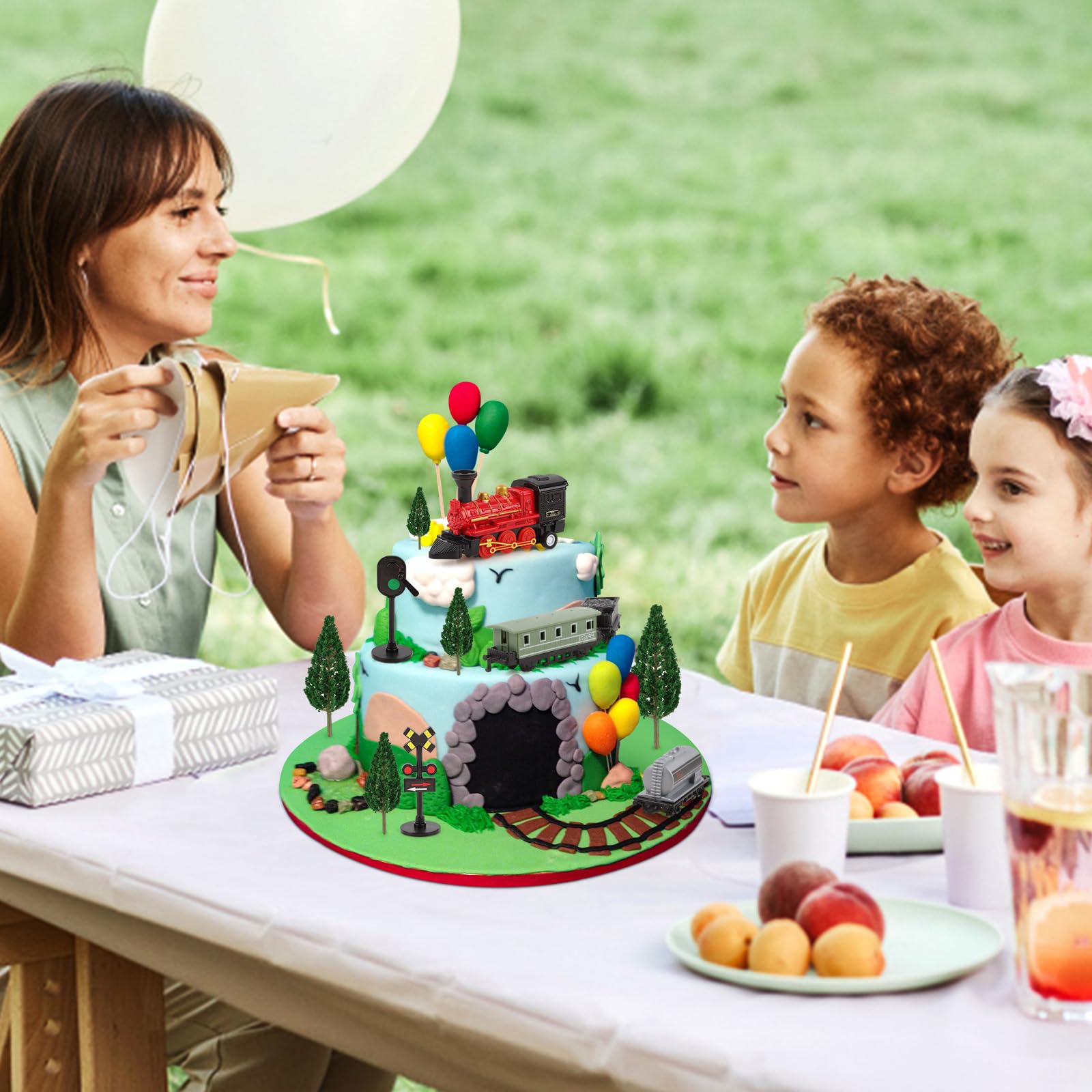 Hooqict 12Pcs Train Cake Topper Set – Birthday Party Decorations with Mini Trains, Trees, Railroad Crossing & Traffic Lights