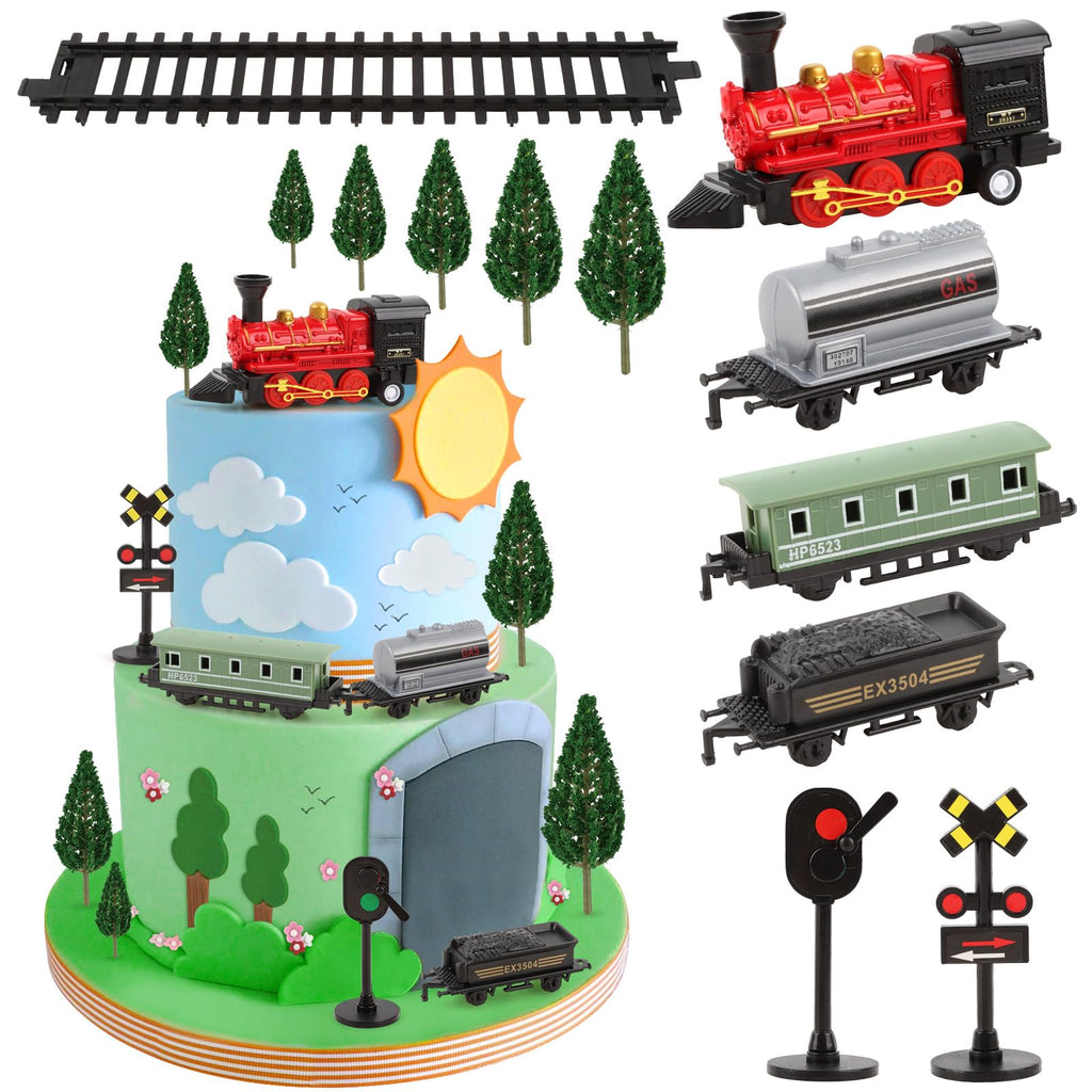 Hooqict 12Pcs Train Cake Topper Set – Birthday Party Decorations with Mini Trains, Trees, Railroad Crossing & Traffic Lights