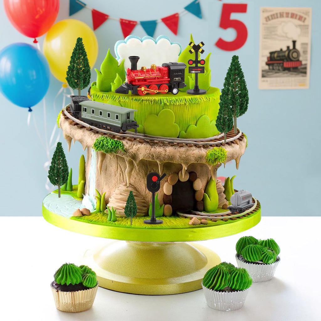 Hooqict 12Pcs Train Cake Topper Set – Birthday Party Decorations with Mini Trains, Trees, Railroad Crossing & Traffic Lights