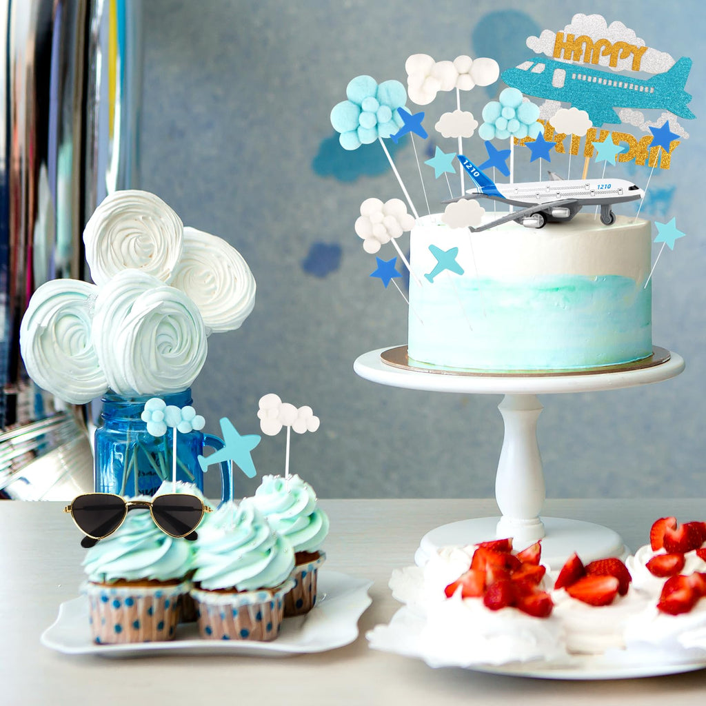 Hooqict 25 Pieces Airplane Cake Toppers with Mini Sunglasses - Blue & White Cloud Birthday Decor