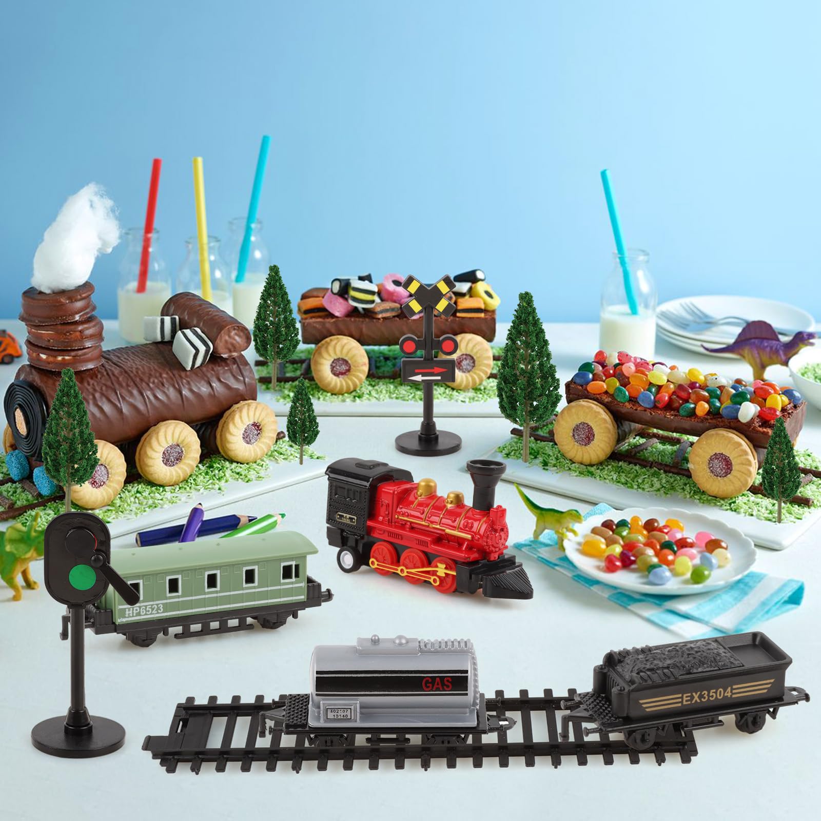 Hooqict 12Pcs Train Cake Topper Set – Birthday Party Decorations with Mini Trains, Trees, Railroad Crossing & Traffic Lights