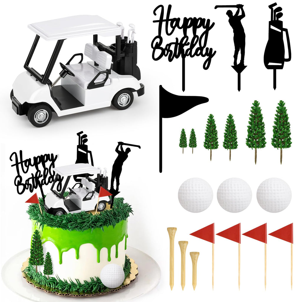 Hooqict 21-Piece Golf Cake Topper Set – Cart, Balls, Flags, Tees, Trees