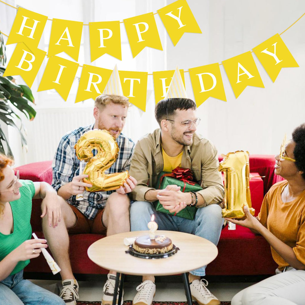 Hooqict Yellow Happy Birthday Banner Backdrop – Birthday Party Garland Flags for Wall, Yard & Photo Backdrops