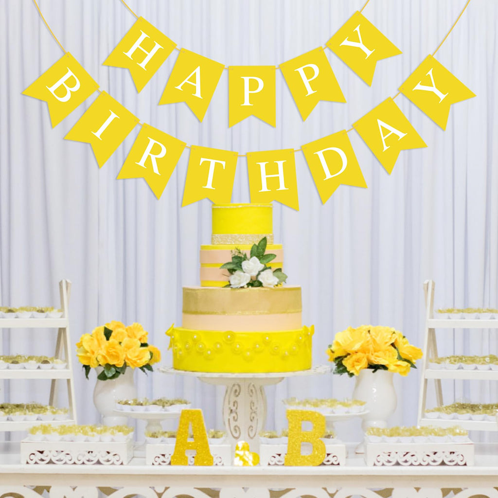 Hooqict Yellow Happy Birthday Banner Backdrop – Birthday Party Garland Flags for Wall, Yard & Photo Backdrops