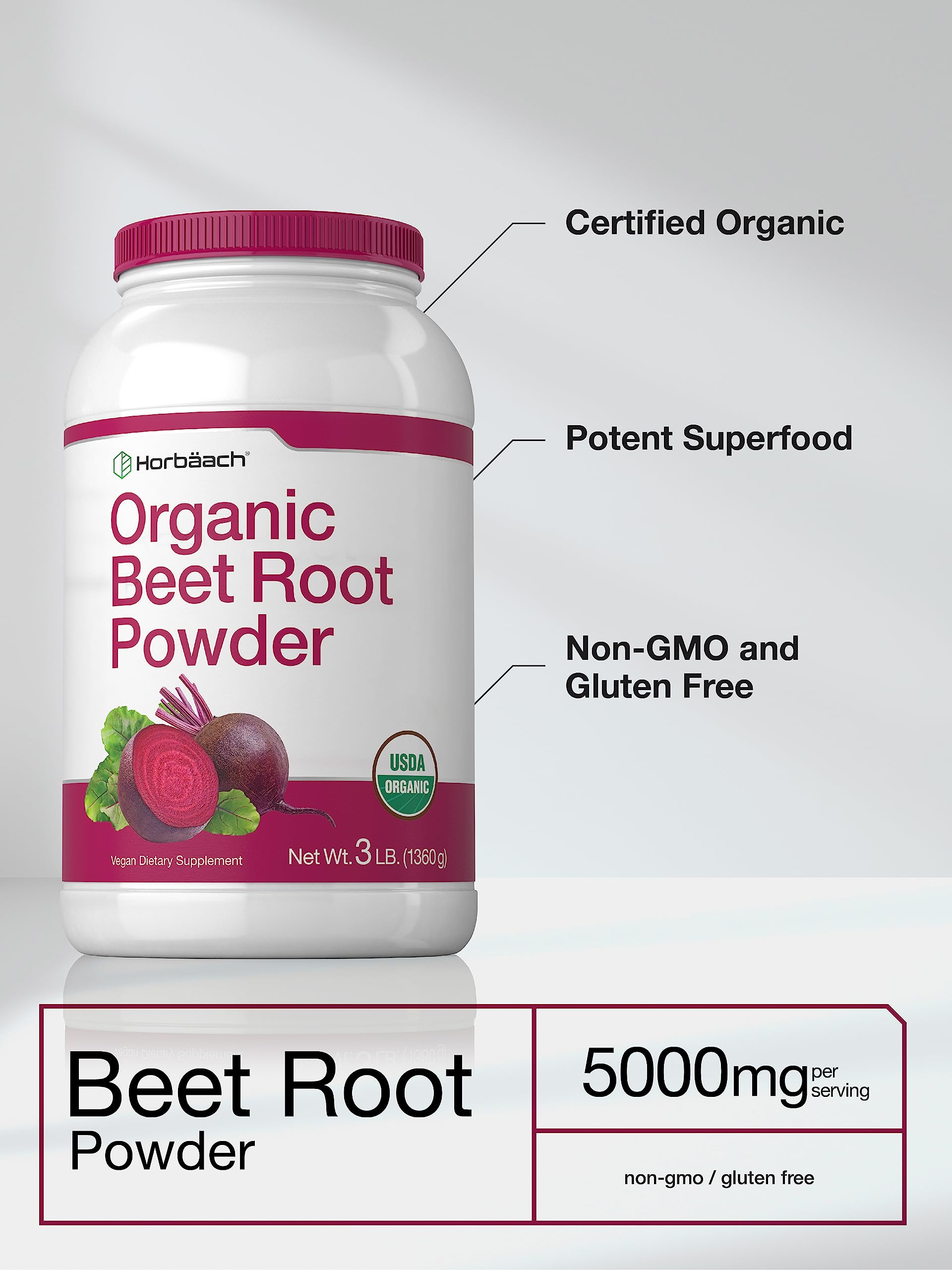 Horbäach Bio-Rote-Bete-Pulver | 1,36 kg Großpackung Nahrungsergänzung | Rohes Superfood | Vegane, gentechnikfreie und glutenfreie Formel