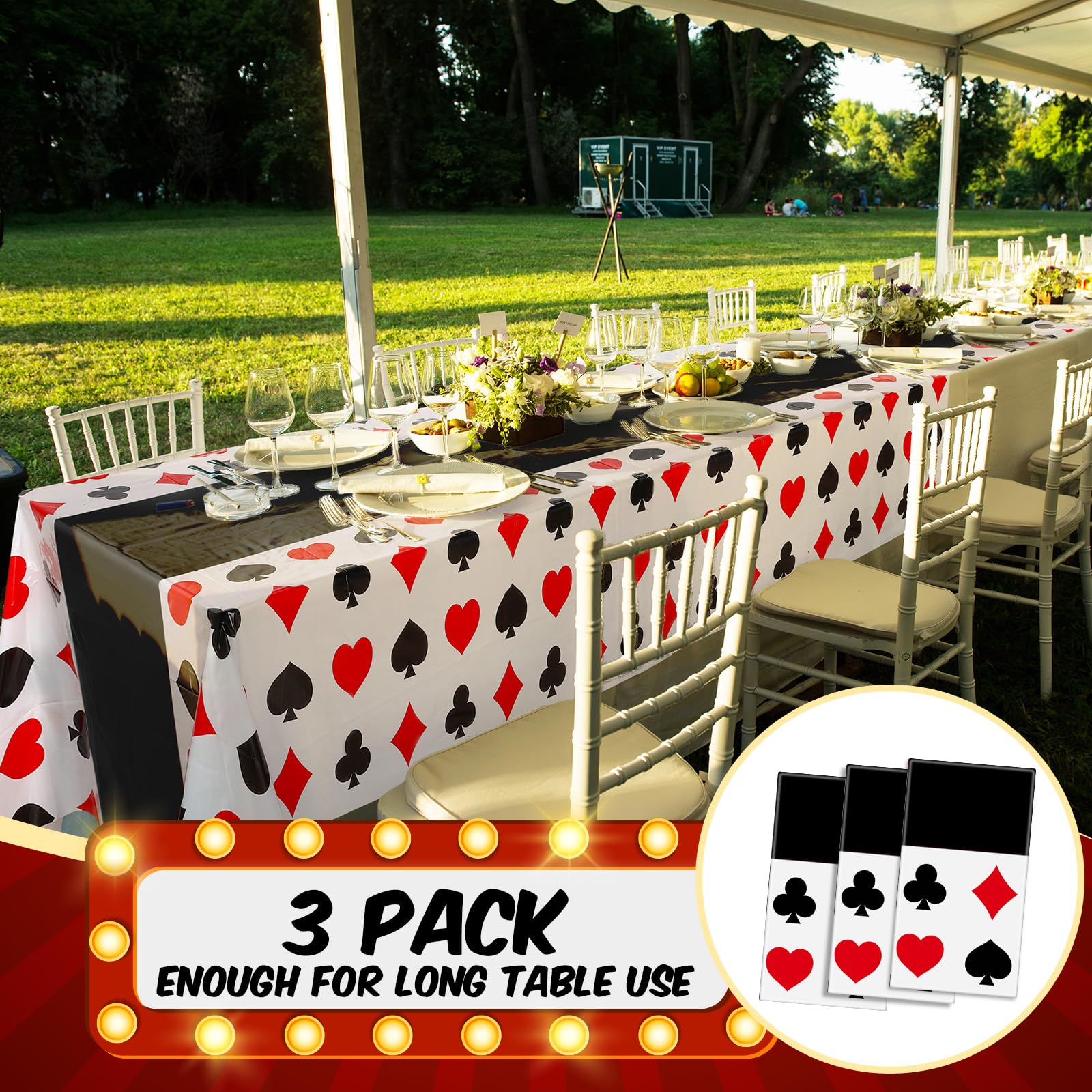 Hosuly 3 Pcs Casino Theme Poker Tablecloths — 51 x 108 Inch Disposable Black Table Covers