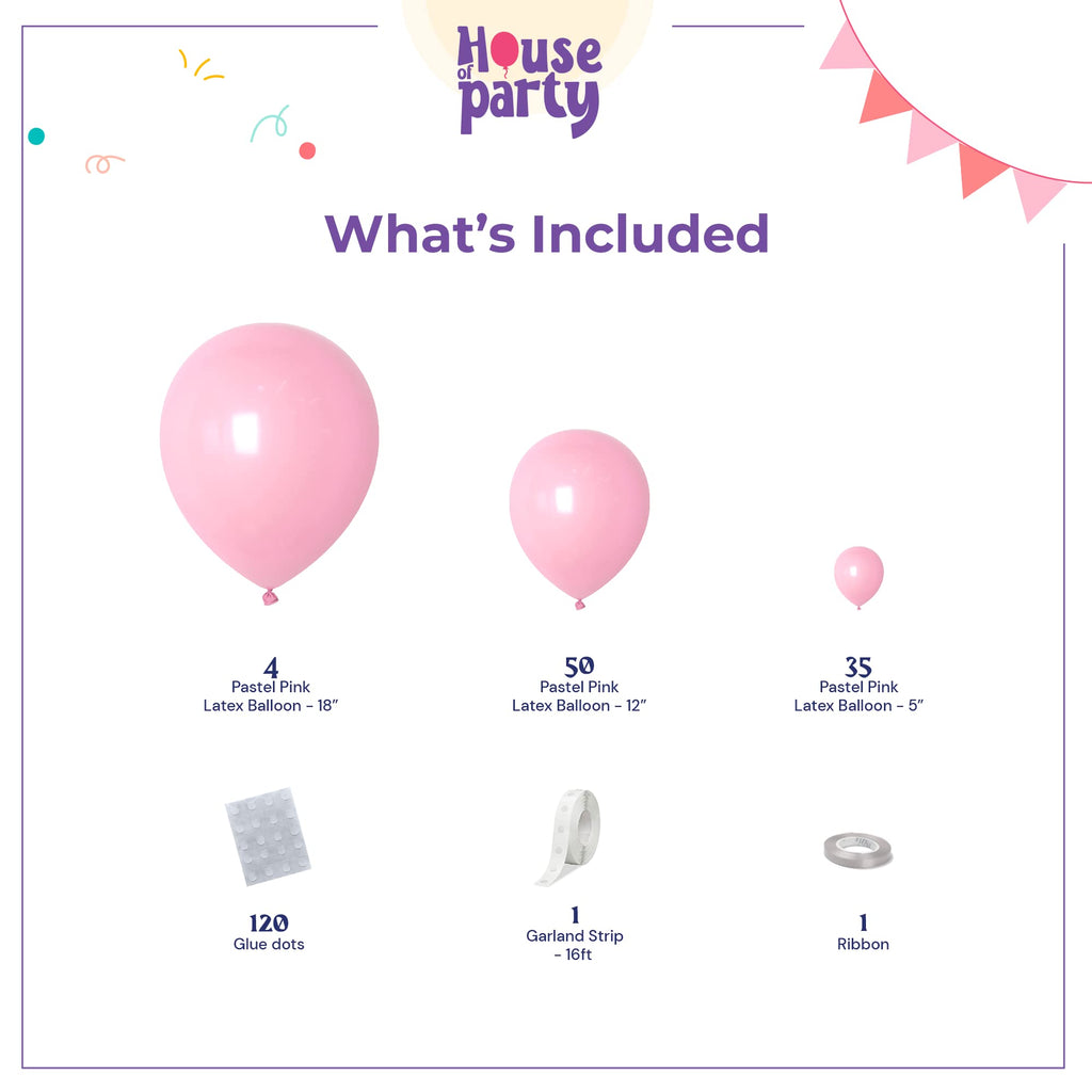 HOUSE OF PARTY Pastel Pink Balloons – 89-Piece Garland Kit (5/12/18in) for Valentine’s Day, Birthdays & Weddings