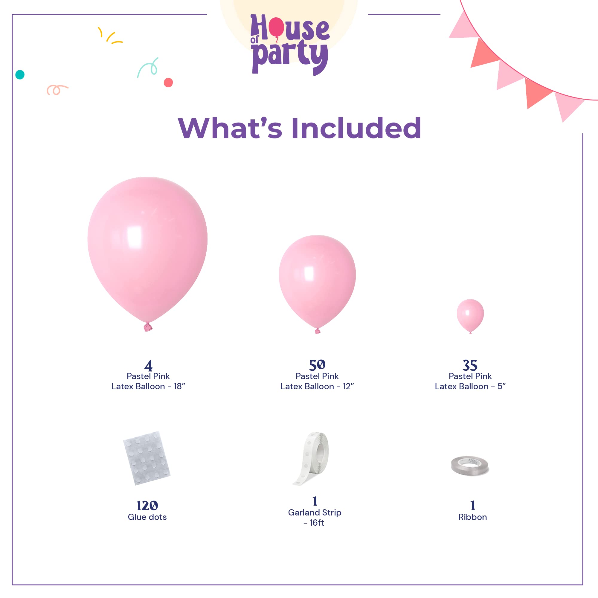 HOUSE OF PARTY Pastel Pink Balloons – 89-Piece Garland Kit (5/12/18in) for Valentine’s Day, Birthdays & Weddings
