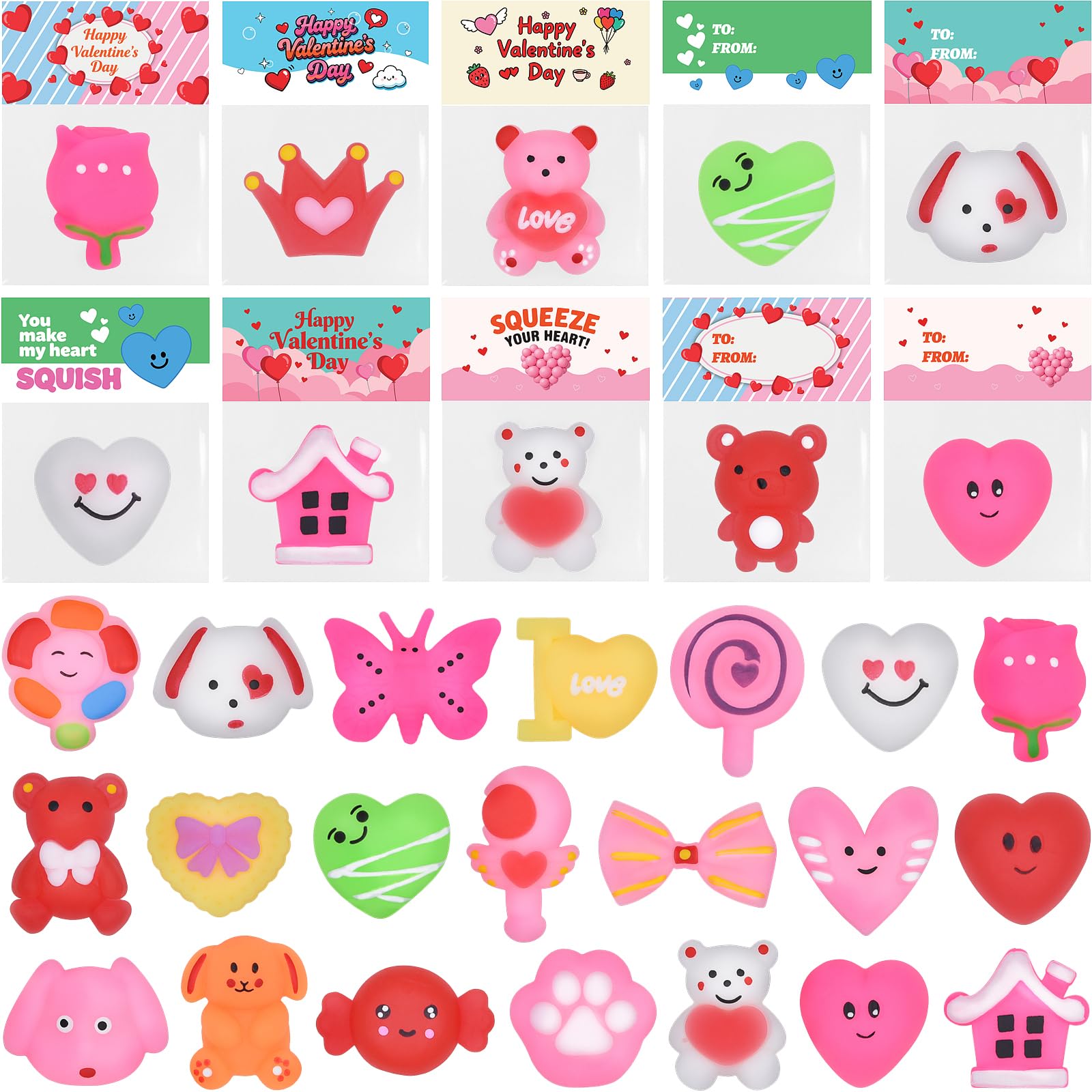 Howzcci 24-Pack Valentines Cards with Mochi Squishy Toys – Kids Party Favors