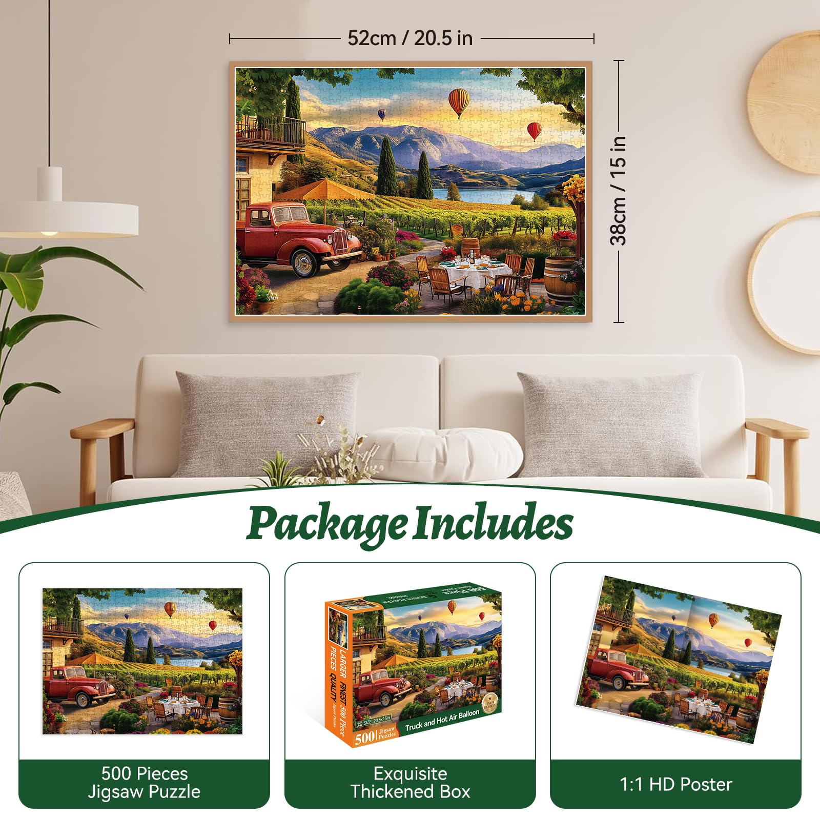 HQXXJW 500 Piece Jigsaw Puzzle – Scenic Vineyard with Hot Air Balloons & Red Truck for Adults