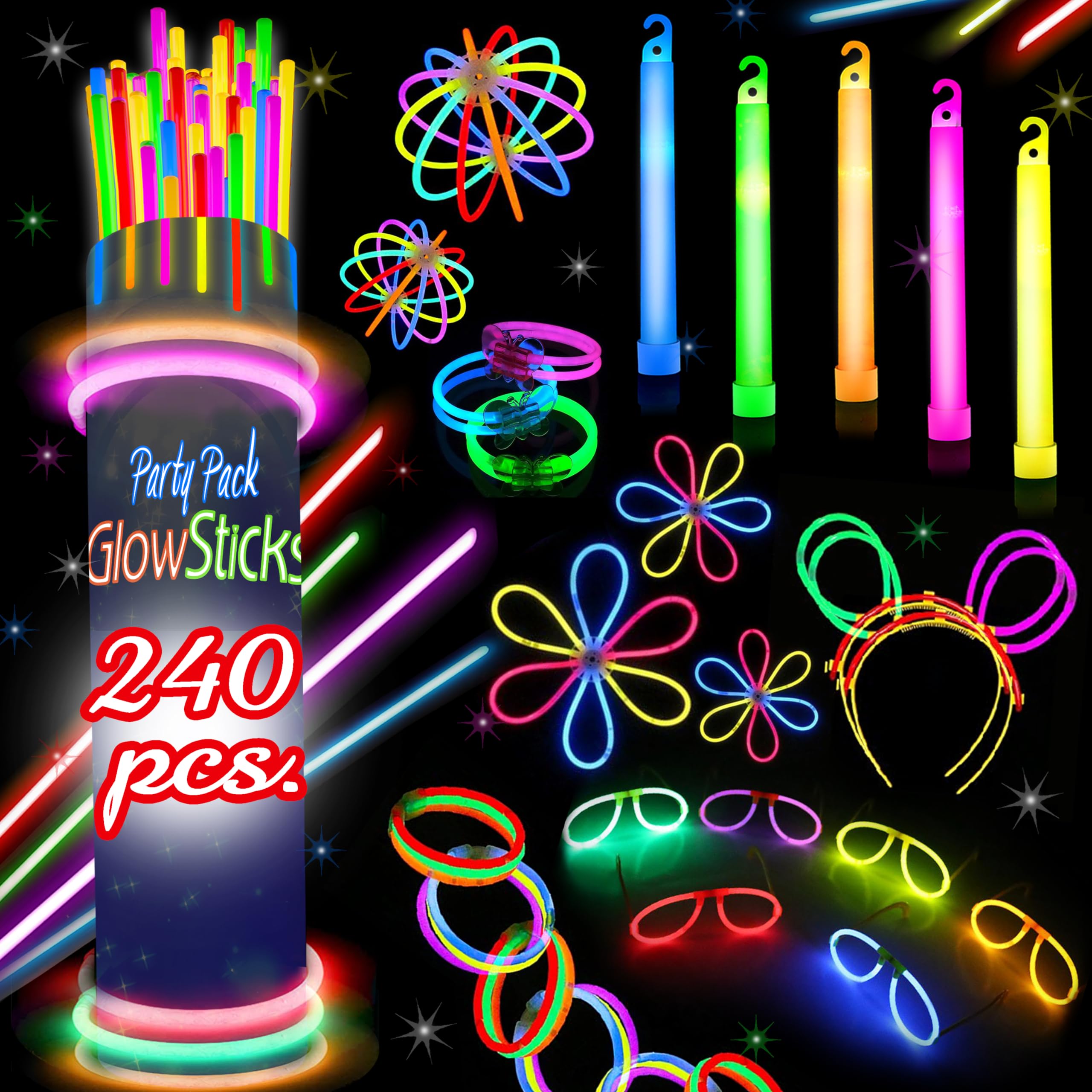 HSGUS 240 Glow Sticks Pack – Neon Party Favors & Glow Accessories
